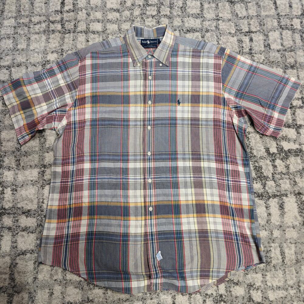 Vintage Ralph Lauren Mens XL Madras Plaid Shirt Short Sleeve Hand Woven Blue